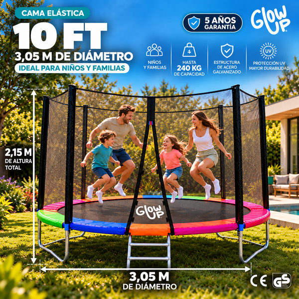 Cama Elástica 10ft 3,05 mts GlowUp con Malla y Escalera