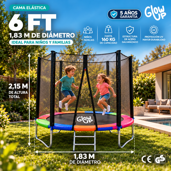 Cama Elástica 6ft 1,83mt soporta 160kg Malla Glowup + Escalera