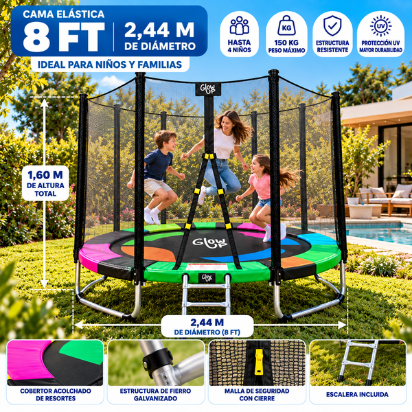 Cama Elástica Glowup 2,44 mt 8ft GlowUp Con Malla y Escalera Edición Exclusiva P