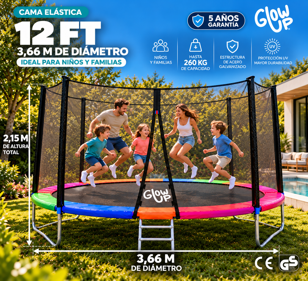 Cama Elástica 12ft 3,66 mts GlowUp con Malla y Escalera