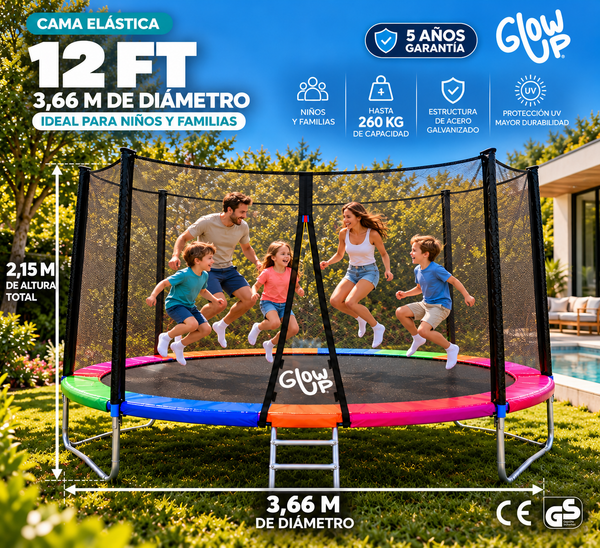 Cama Elástica 12ft 3,66 mts GlowUp con Malla y Escalera