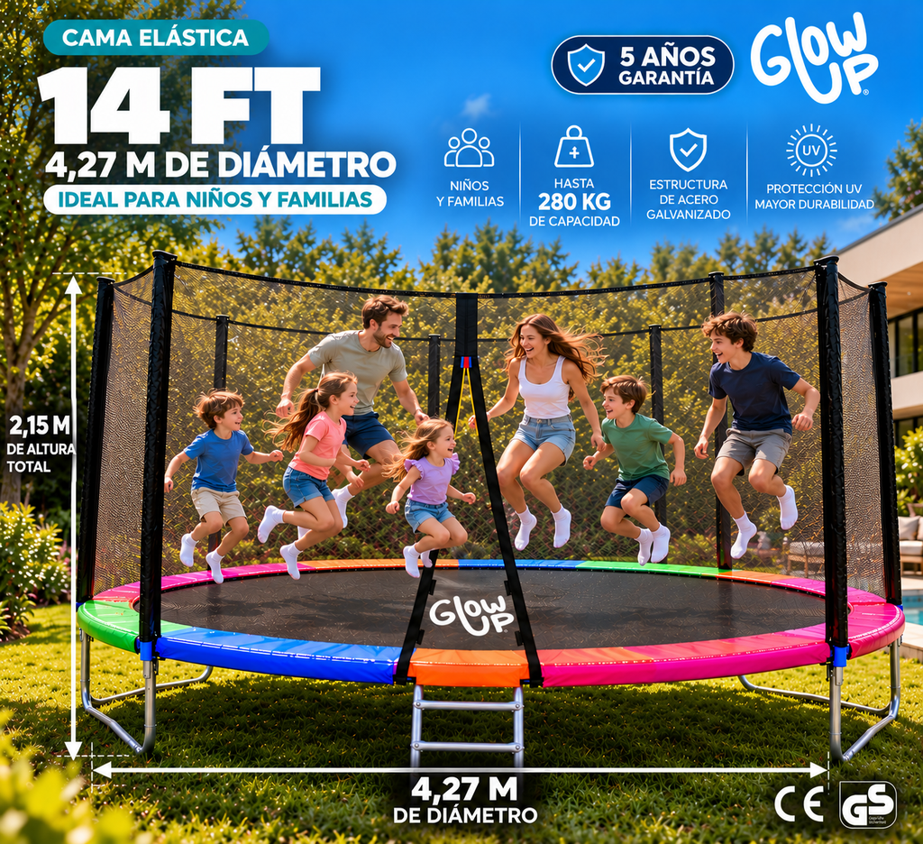 Cama Elástica 14ft 4,27 mts GlowUp con Malla Seguridad y Escalera