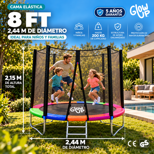 Cama Elástica 8ft 2,44 mts GlowUp con Malla y Escalera