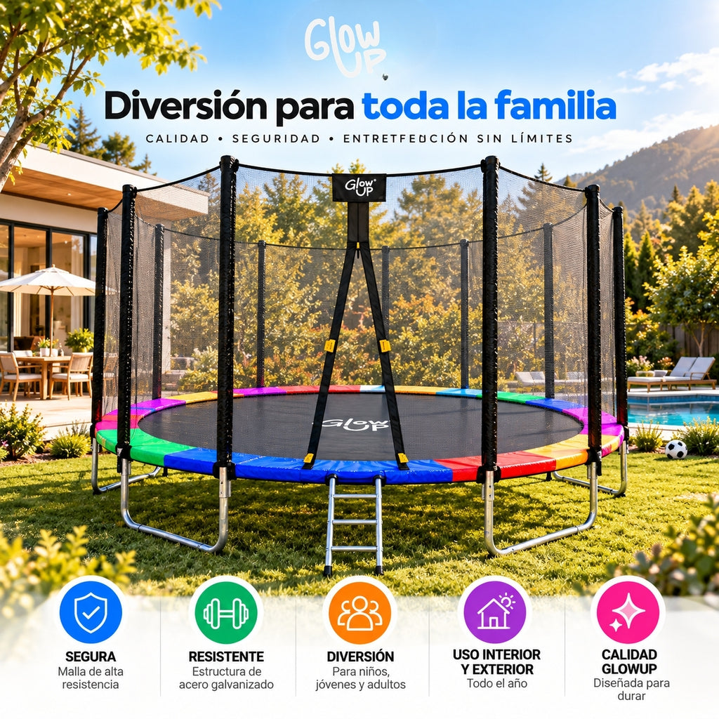 Cama Elástica 12ft 3,66 mts GlowUp con Malla y Escalera