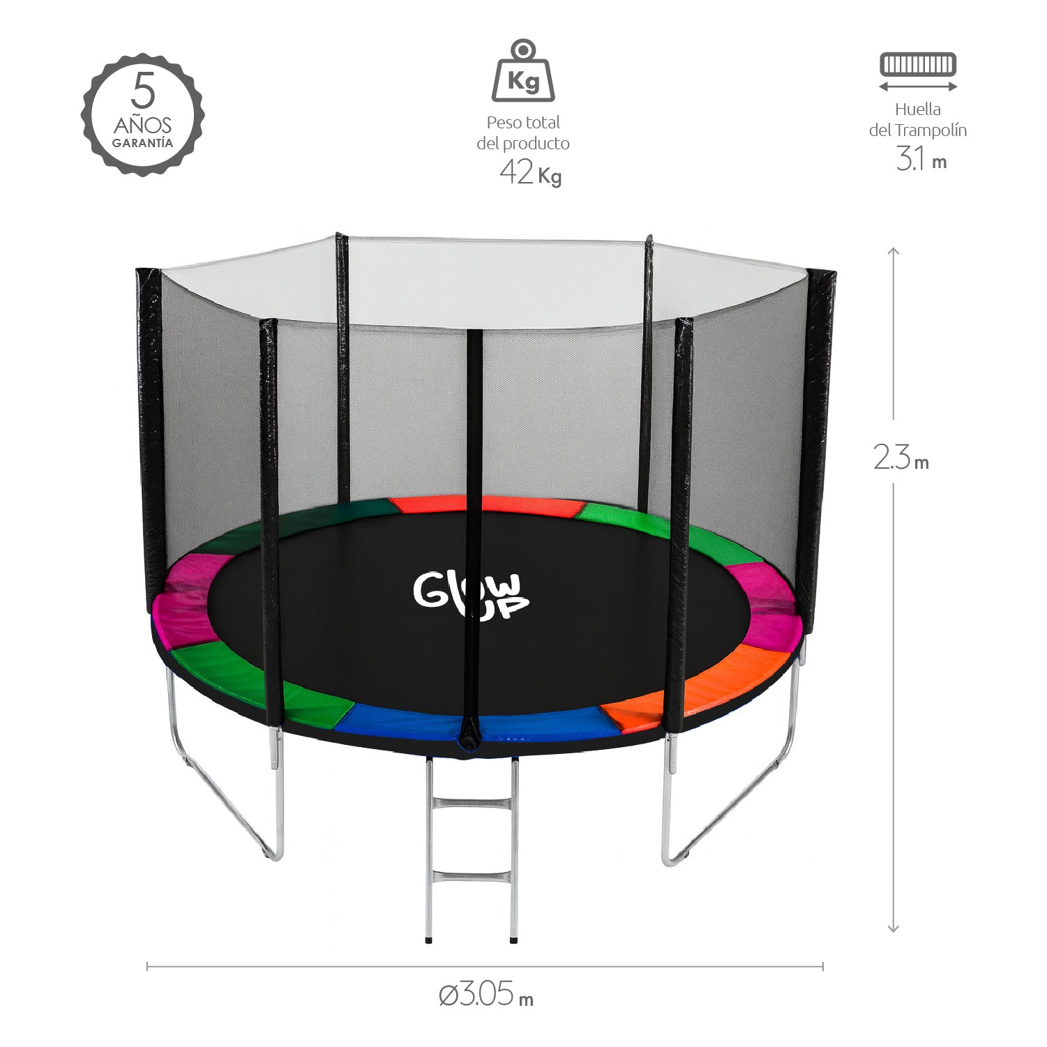 Cama Elástica 10ft 3,05 mts GlowUp con Malla y Escalera