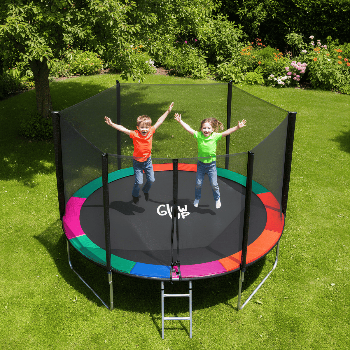 Cama Elástica 12ft 3,66 mts GlowUp con Malla y Escalera