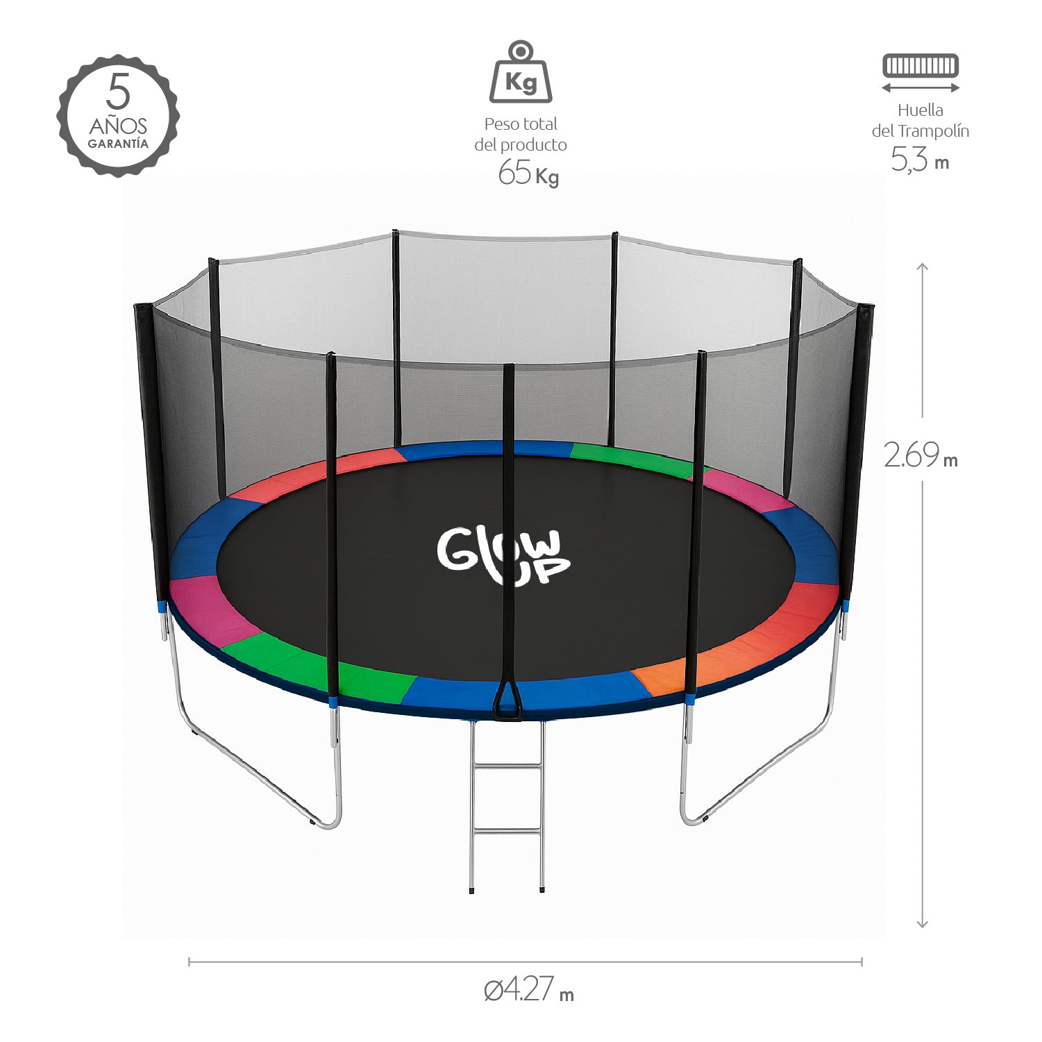 Cama Elástica 14ft 3,79 mts GlowUp con Malla Seguridad y Escalera