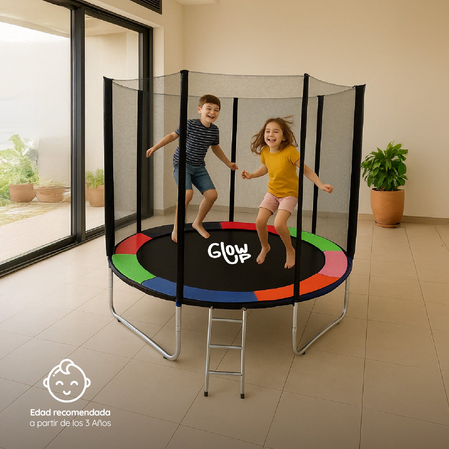 Cama Elástica 6ft 1.83mt soporta 160kg Malla Glowup + Escalera