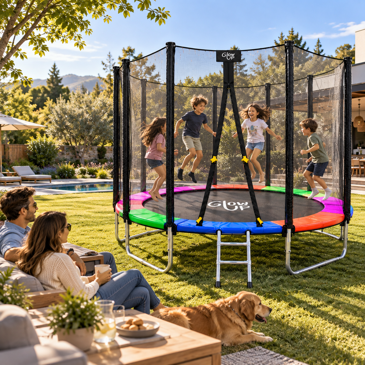 Cama Elástica 8ft 2,44 mts GlowUp con Malla y Escalera