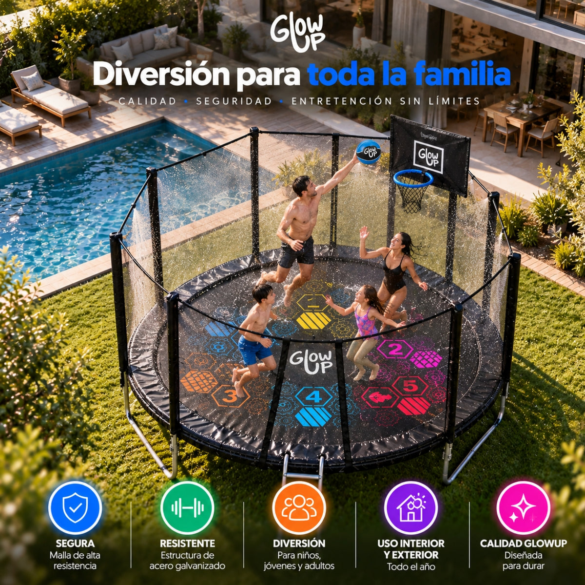 Cama Elástica 10ft 3,05 mts GlowUp Malla y Escalera Limited Edition