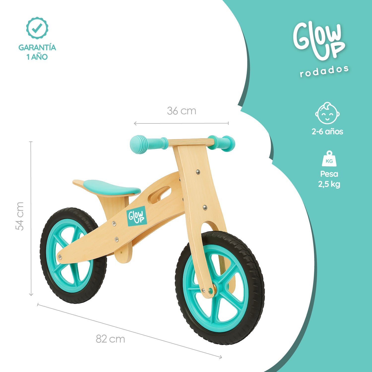 Bicicleta Aprendizaje Equilibrio de Madera Celeste GlowUp de 2 a 6 años