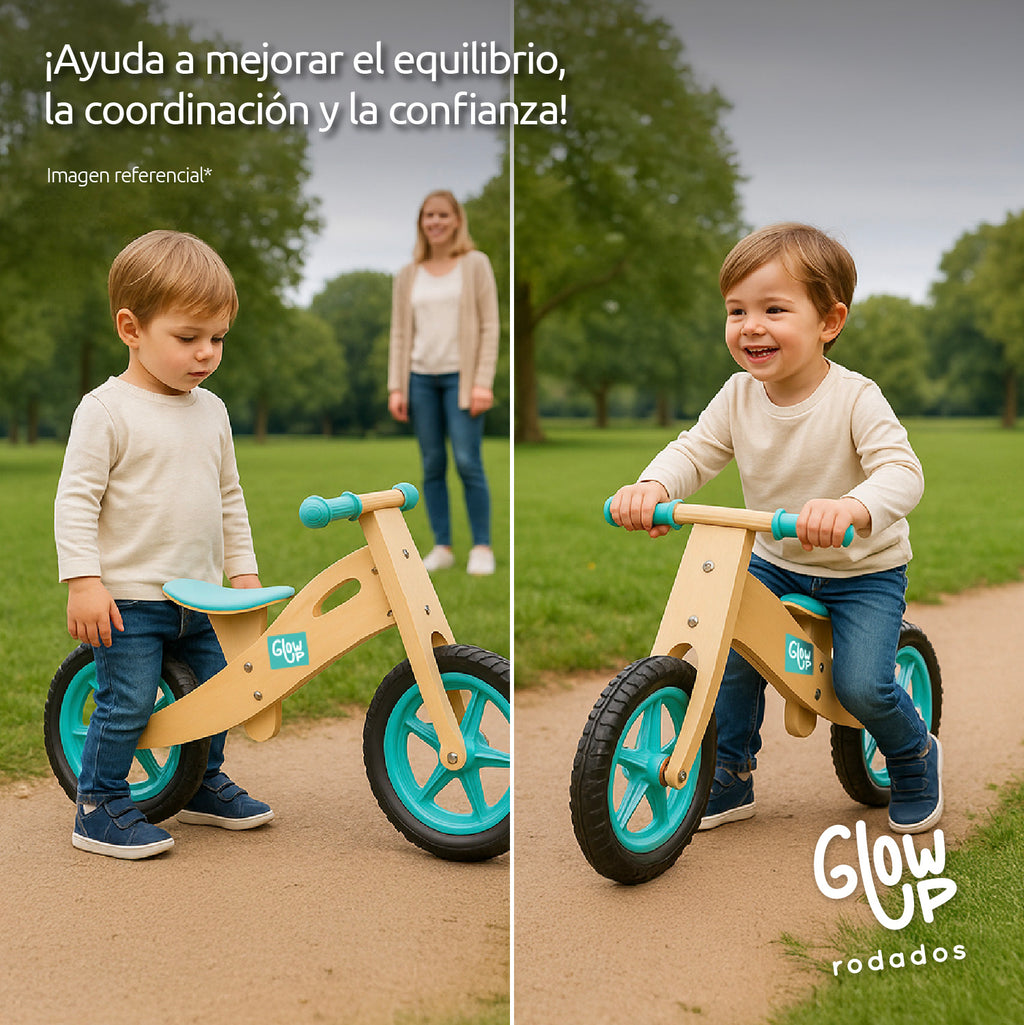 Bicicleta Aprendizaje Equilibrio de Madera Celeste GlowUp de 2 a 6 años