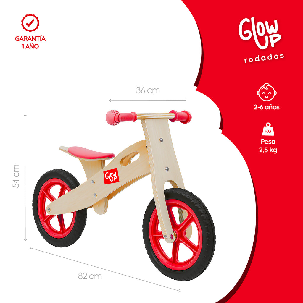 Bicicleta de Aprendizaje Equilibrio de Madera Roja GlowUp de 2 a 6 años