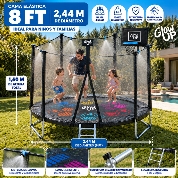 Cama Elástica 8ft 2,44 mts GlowUp Malla Escalera y Juegos Limited Edition