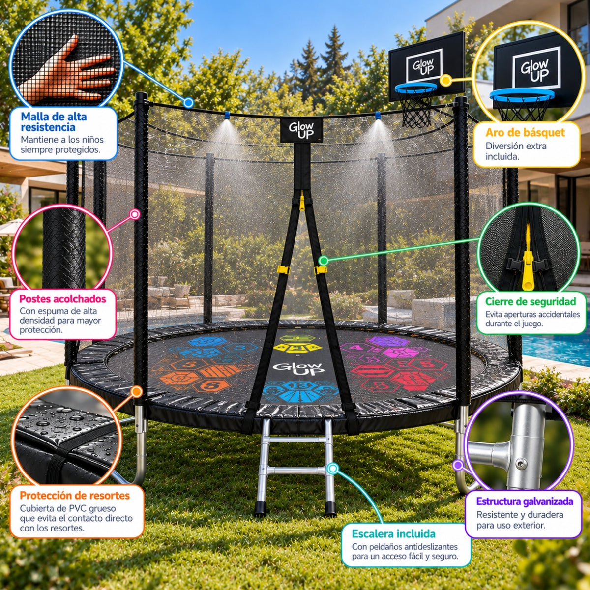 Cama Elástica 10ft 3,05 mts GlowUp Malla y Escalera Limited Edition