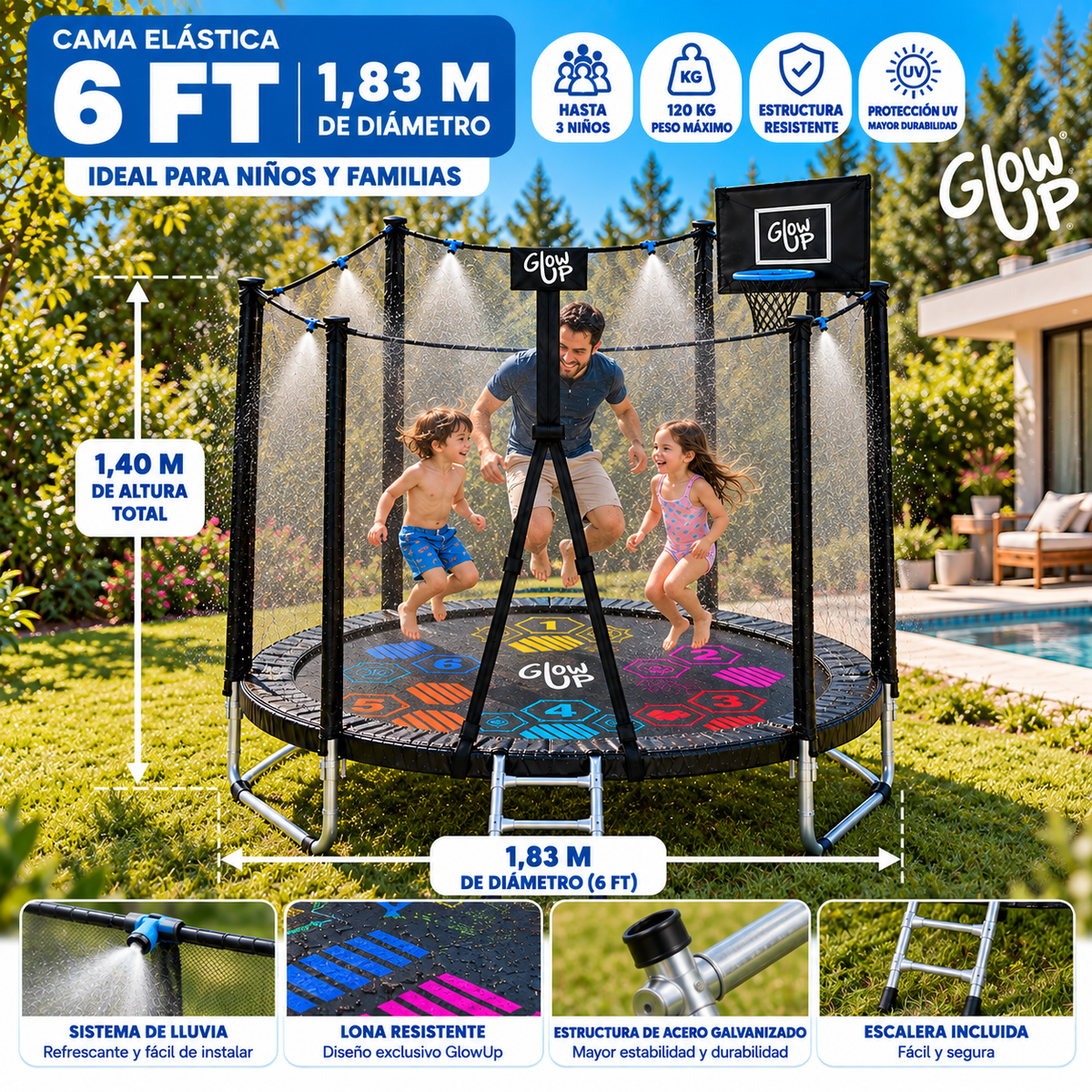 Cama elástica 6ft 1,83mt edición ltda con Juegos agua GlowUp
