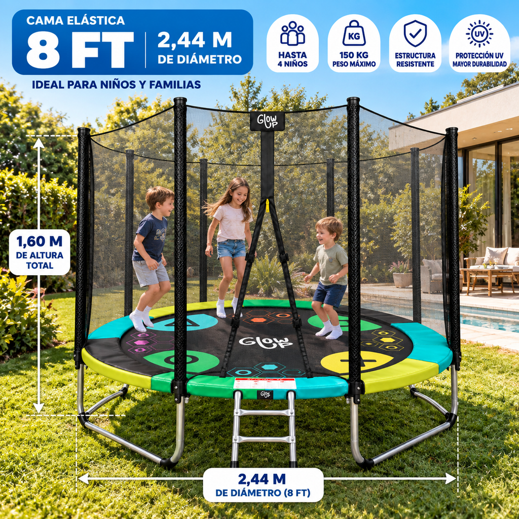 Cama Elástica 2,44 mts 8ft Glowup Malla de seguridad y escalera Edición Exclusiva F