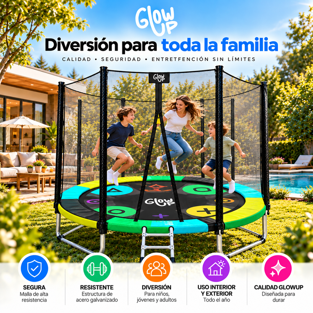 Cama Elástica 2,44 mts 8ft Glowup Malla de seguridad y escalera Edición Exclusiva F