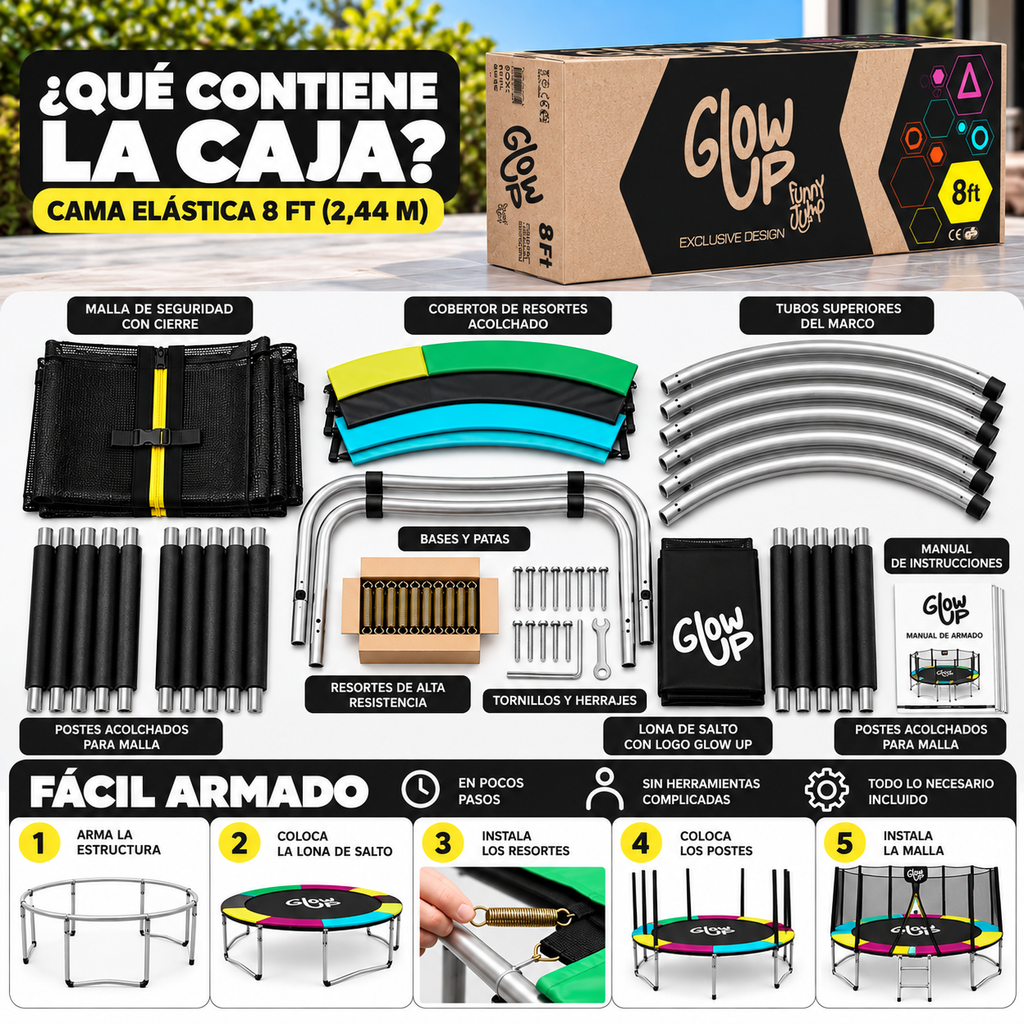 Cama Elástica 2,44 mts 8ft Glowup Malla de seguridad y escalera Edición Exclusiva F