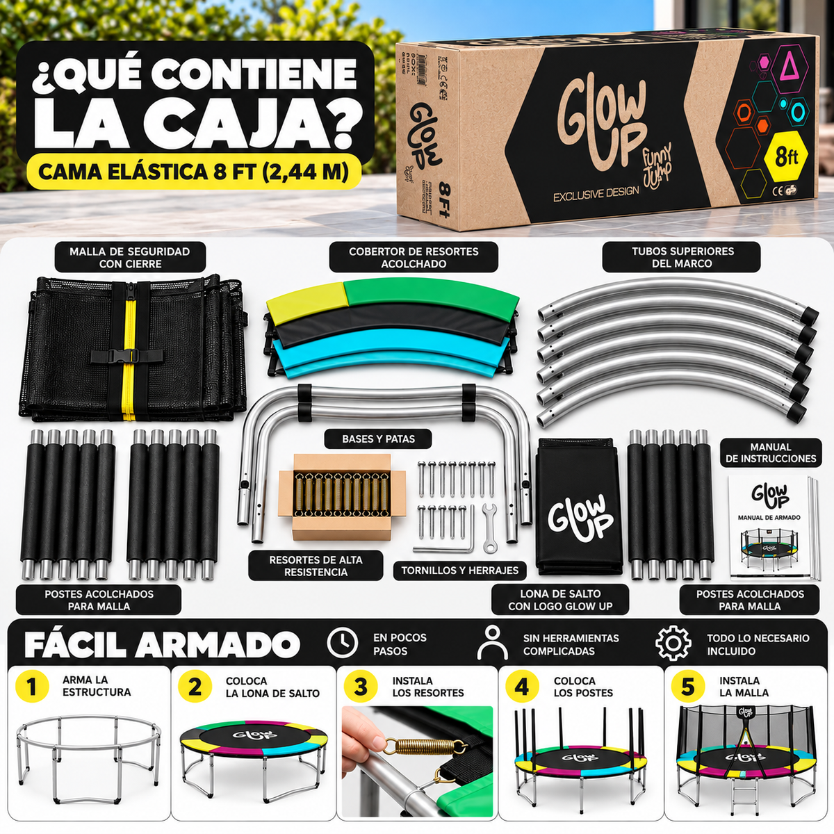 Cama Elástica 2,44 mts 8ft Glowup Malla de seguridad y escalera Edición Exclusiva F