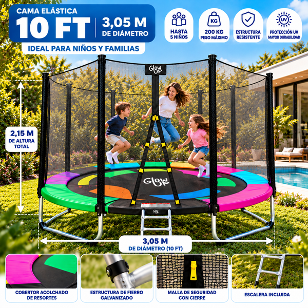 Cama Elástica 3,05 mts 10ft GlowUp Malla y Escalera Edición Exclusiva P