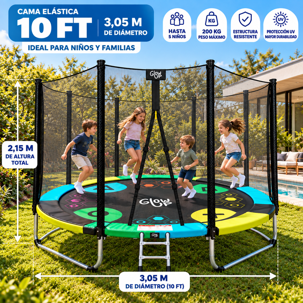 Cama Elástica 3,05 mt 10ft Glowup Malla y Escalera Edición Exclusiva F