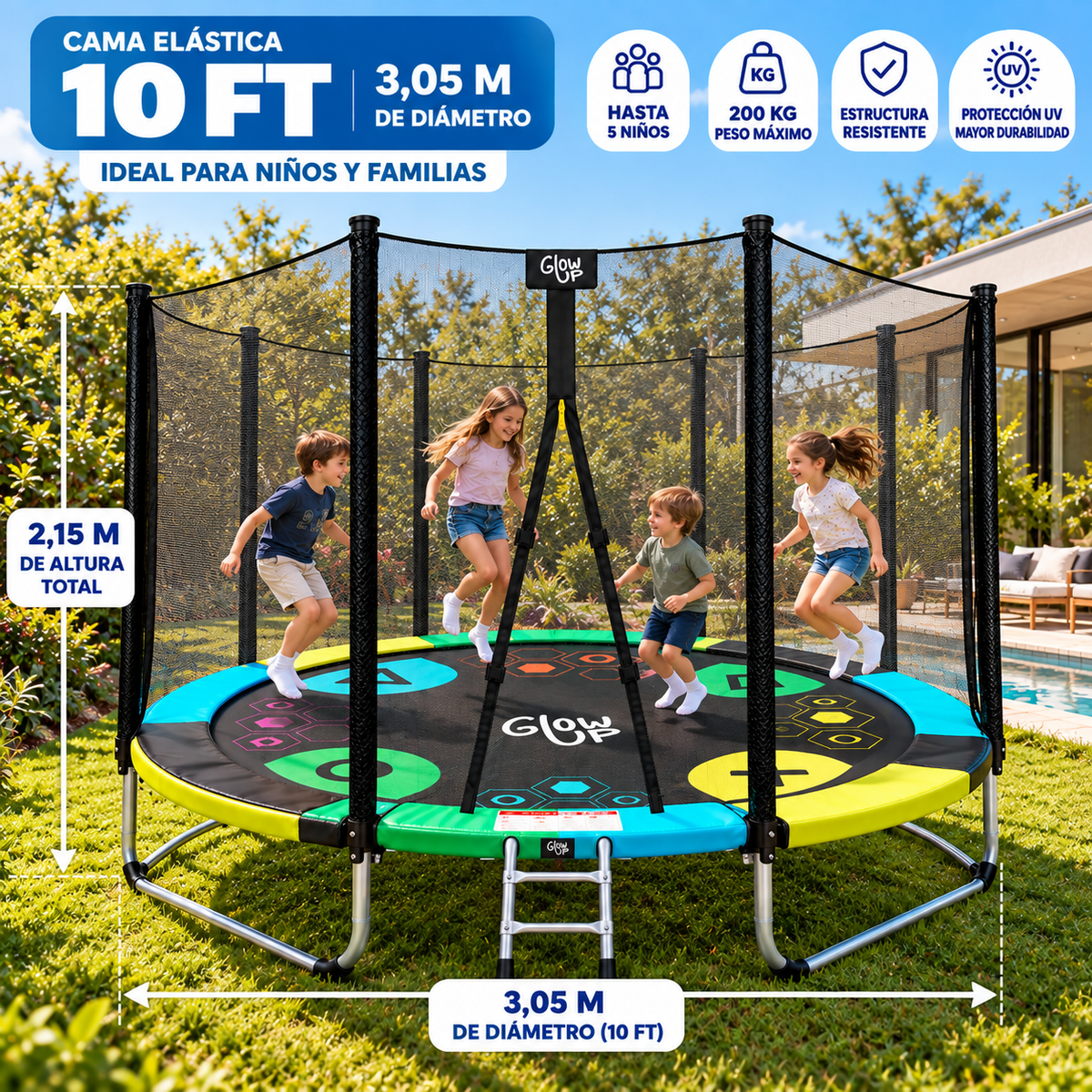 Cama Elástica 3,05 mt 10ft Glowup Malla y Escalera Edición Exclusiva F