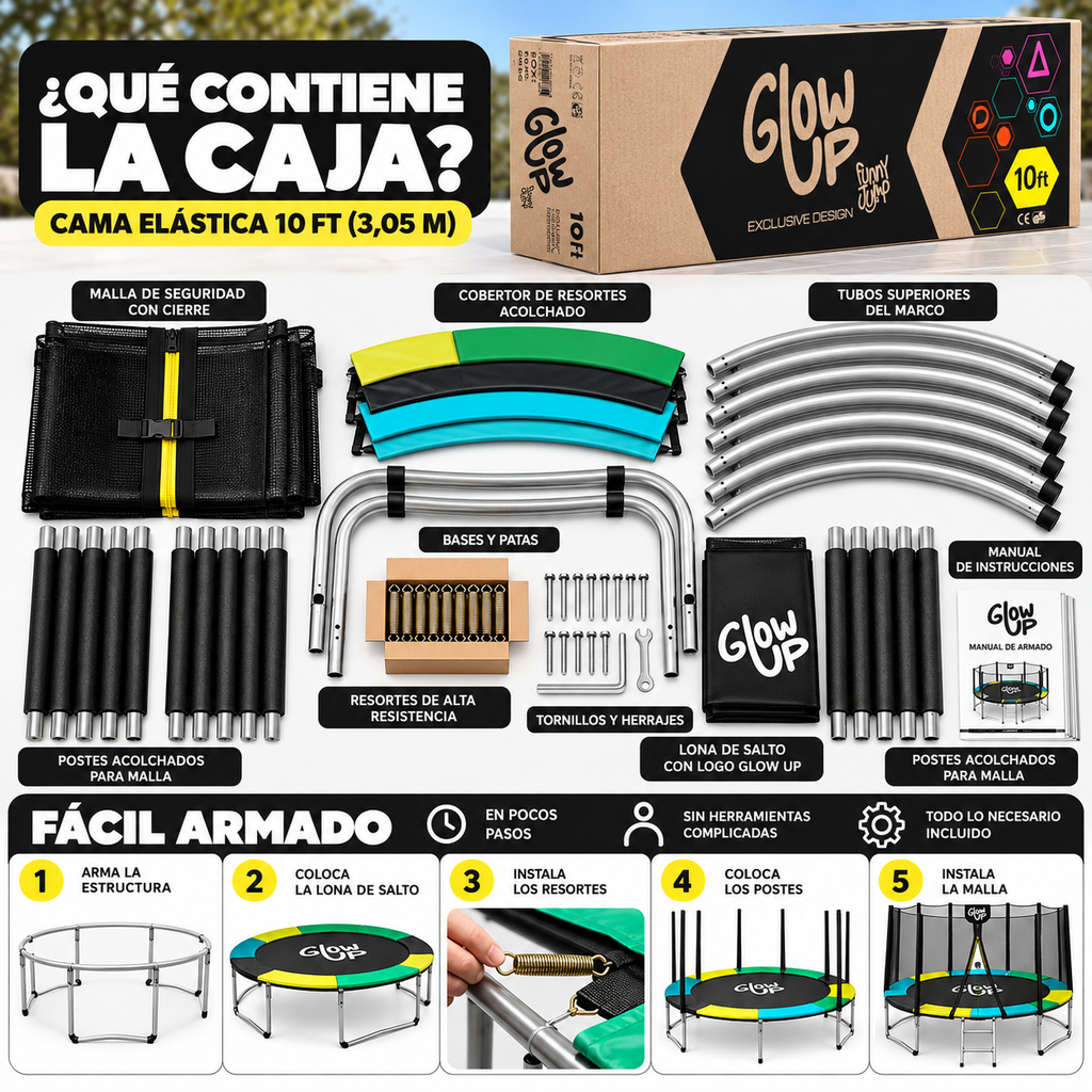Cama Elástica 3,05 mt 10ft Glowup Malla y Escalera Edición Exclusiva F