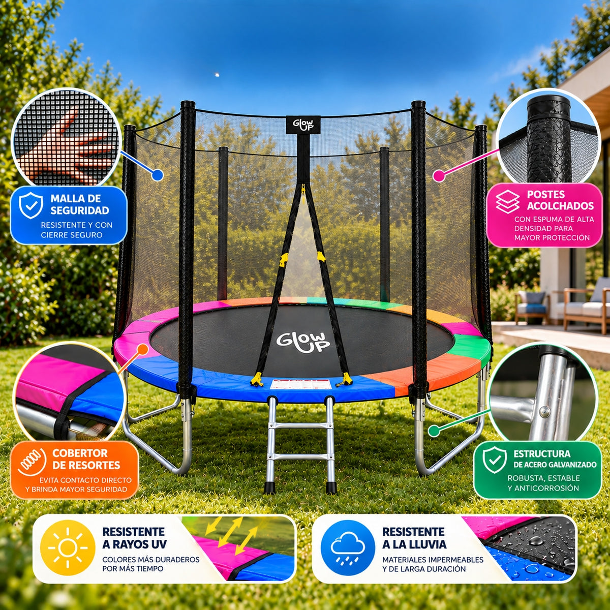 Cama Elástica 12ft 3,66 mts GlowUp con Malla y Escalera