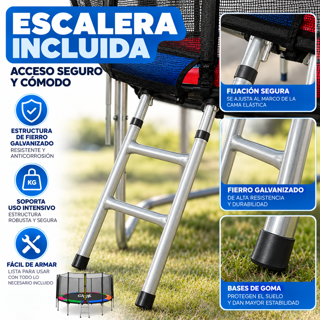 Cama Elástica 6ft 1,83mt soporta 160kg Malla Glowup + Escalera