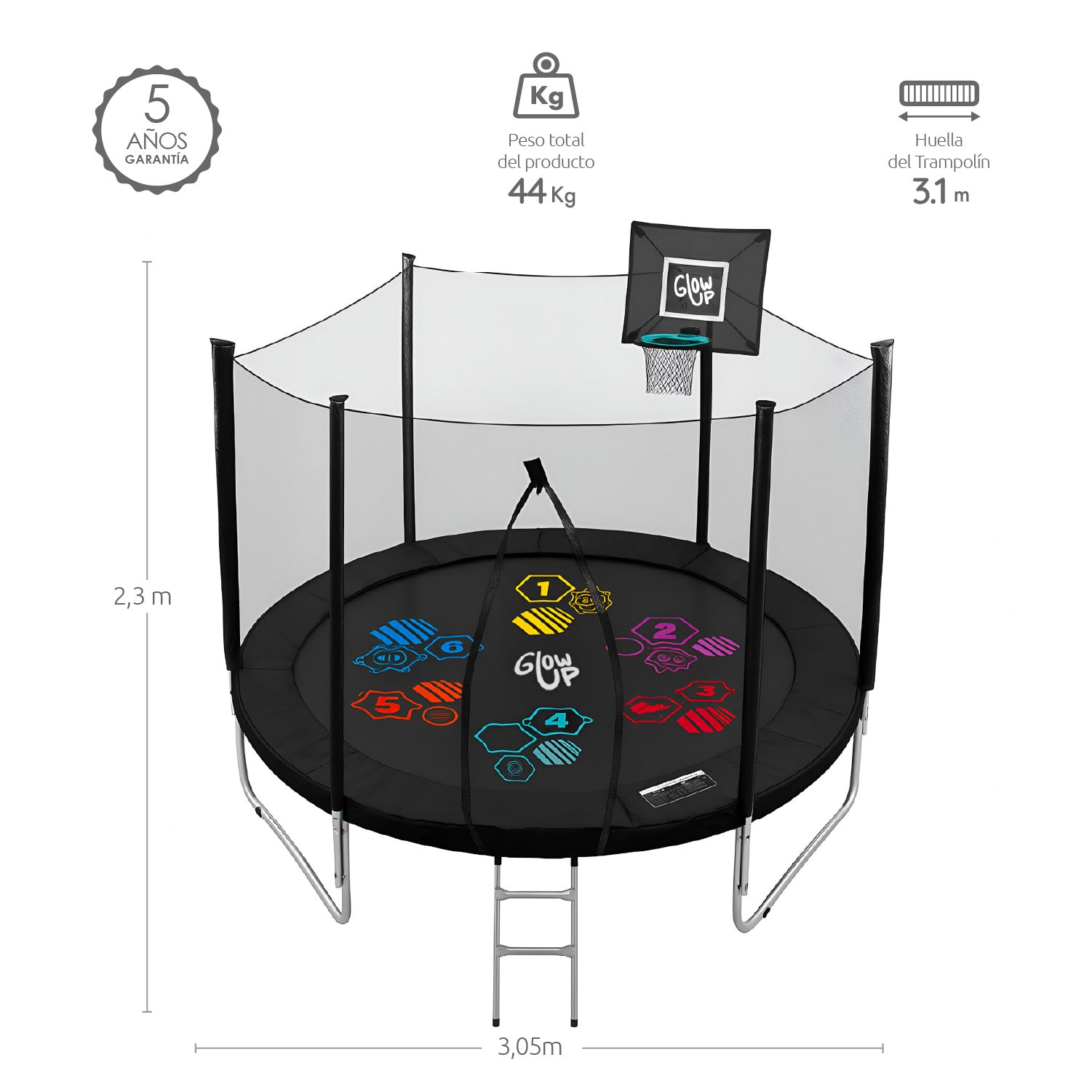 Cama Elástica 10ft 3.05 mts GlowUp Malla y Escalera Limited Edition