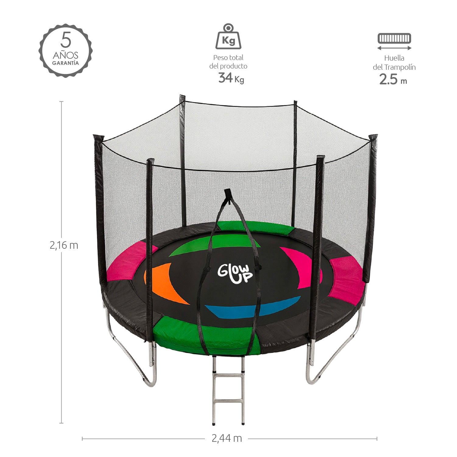 Cama Elástica Glowup 2,44 mt 8ft GlowUp Con Malla y Escalera Edición Exclusiva P