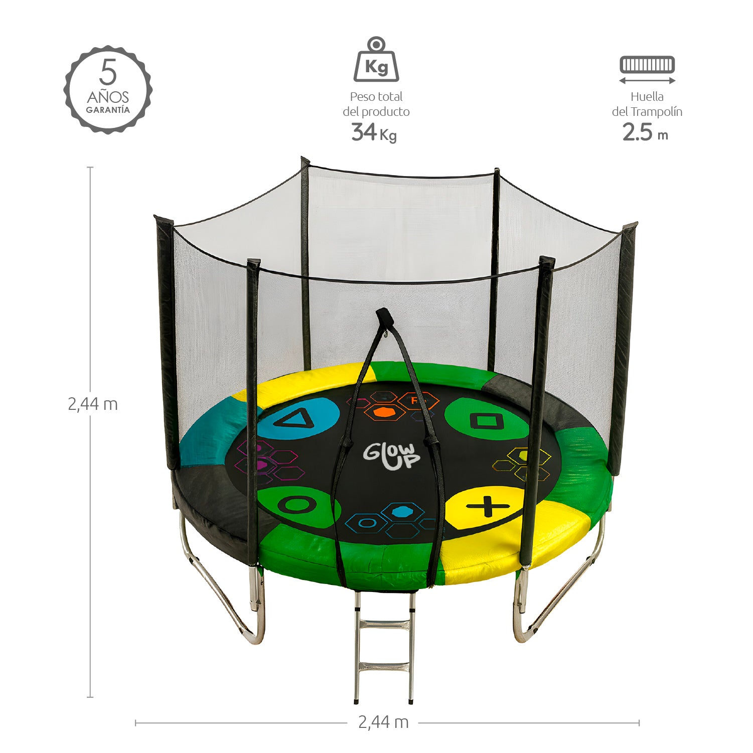 Cama Elástica 2,44 mts 8ft Glowup Malla de seguridad y escalera Edición Exclusiva F