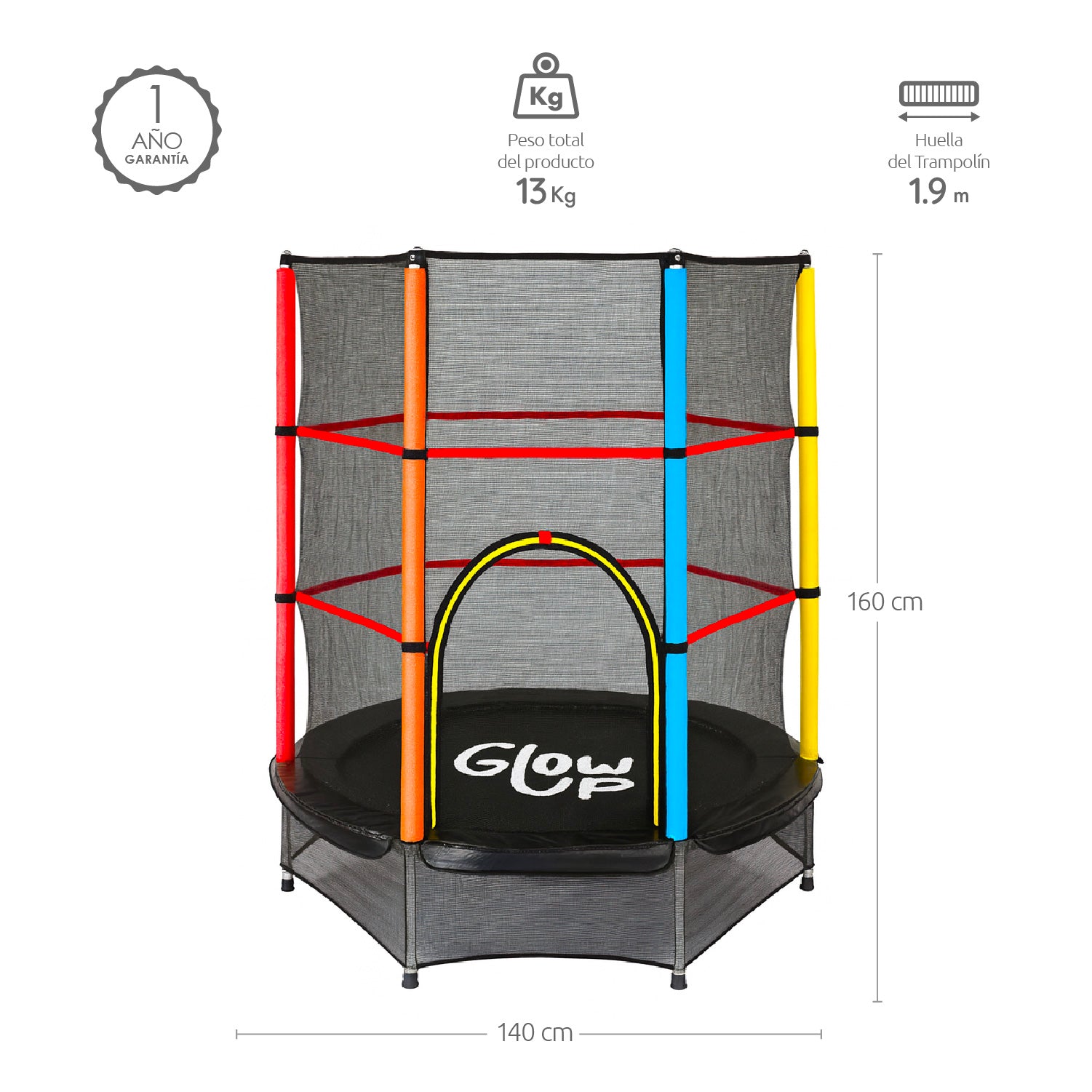 Cama Elástica GlowUp 1,40 x 1,60 mt 4,5 Ft Malla Seguridad Superior