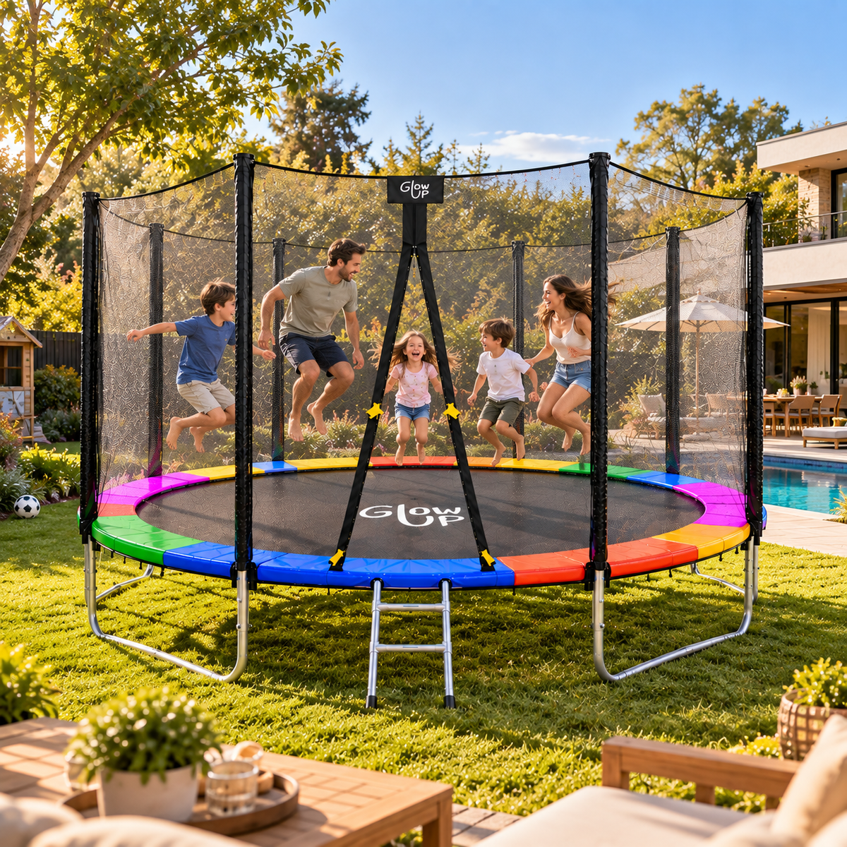 Cama Elástica 12ft 3,66 mts GlowUp con Malla y Escalera