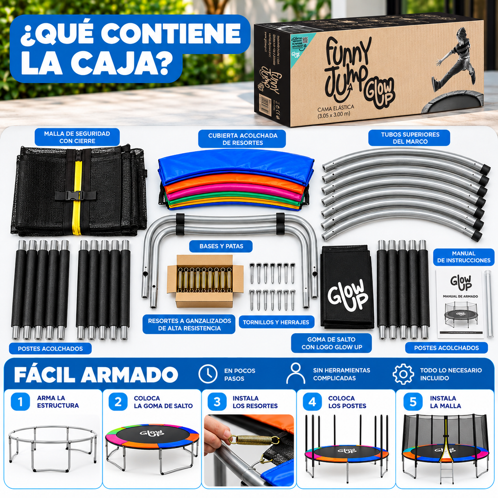 Cama Elástica 6ft 1,83mt soporta 160kg Malla Glowup + Escalera